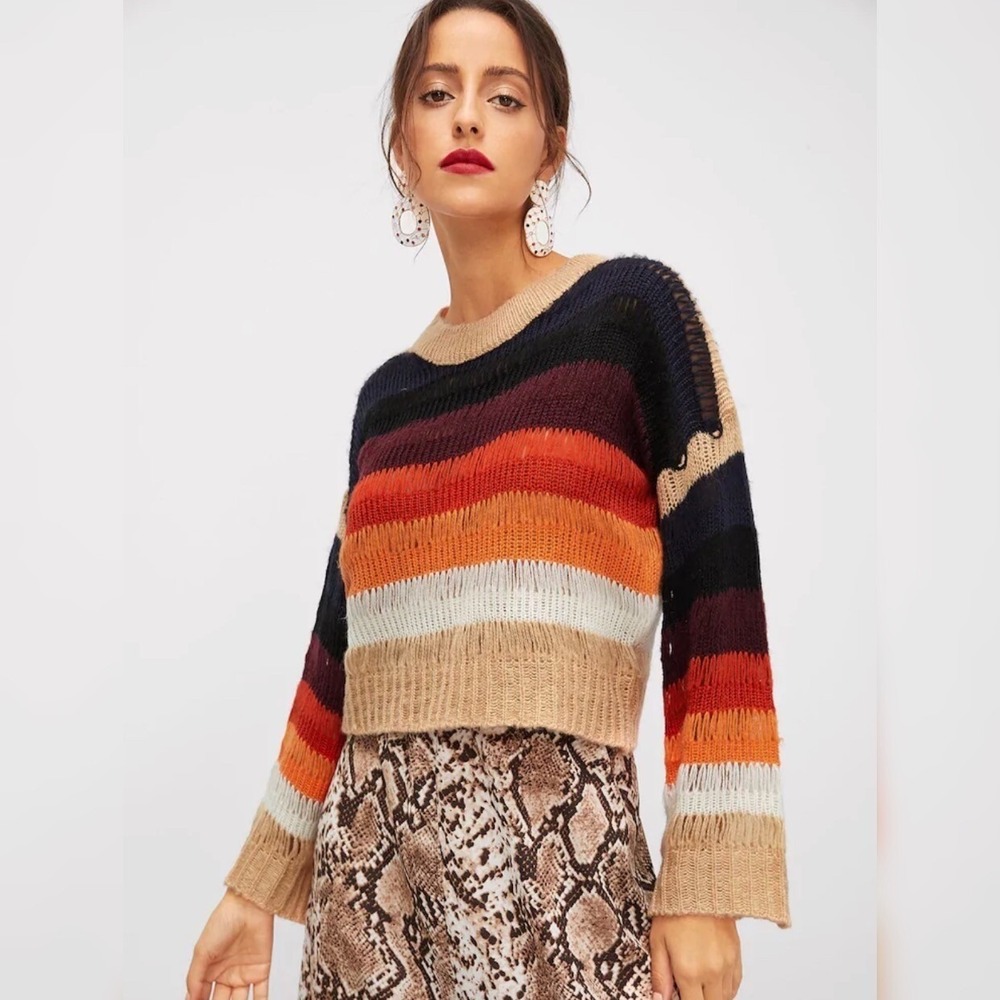 SHEIN Women's Lightweight Sweater Drop Shoulder Color Block CrewNeck Size S